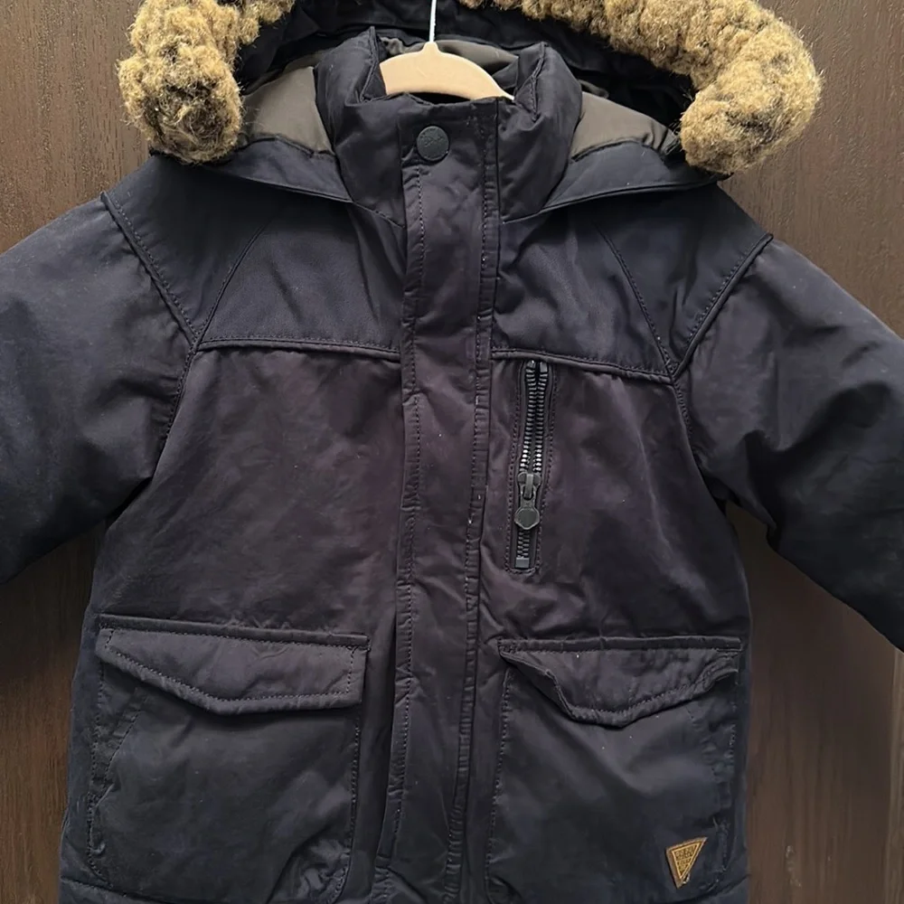 Zara Baby Boy Down Puffer Parka Coat Faux Fur Hood Navy Size 18/24M
